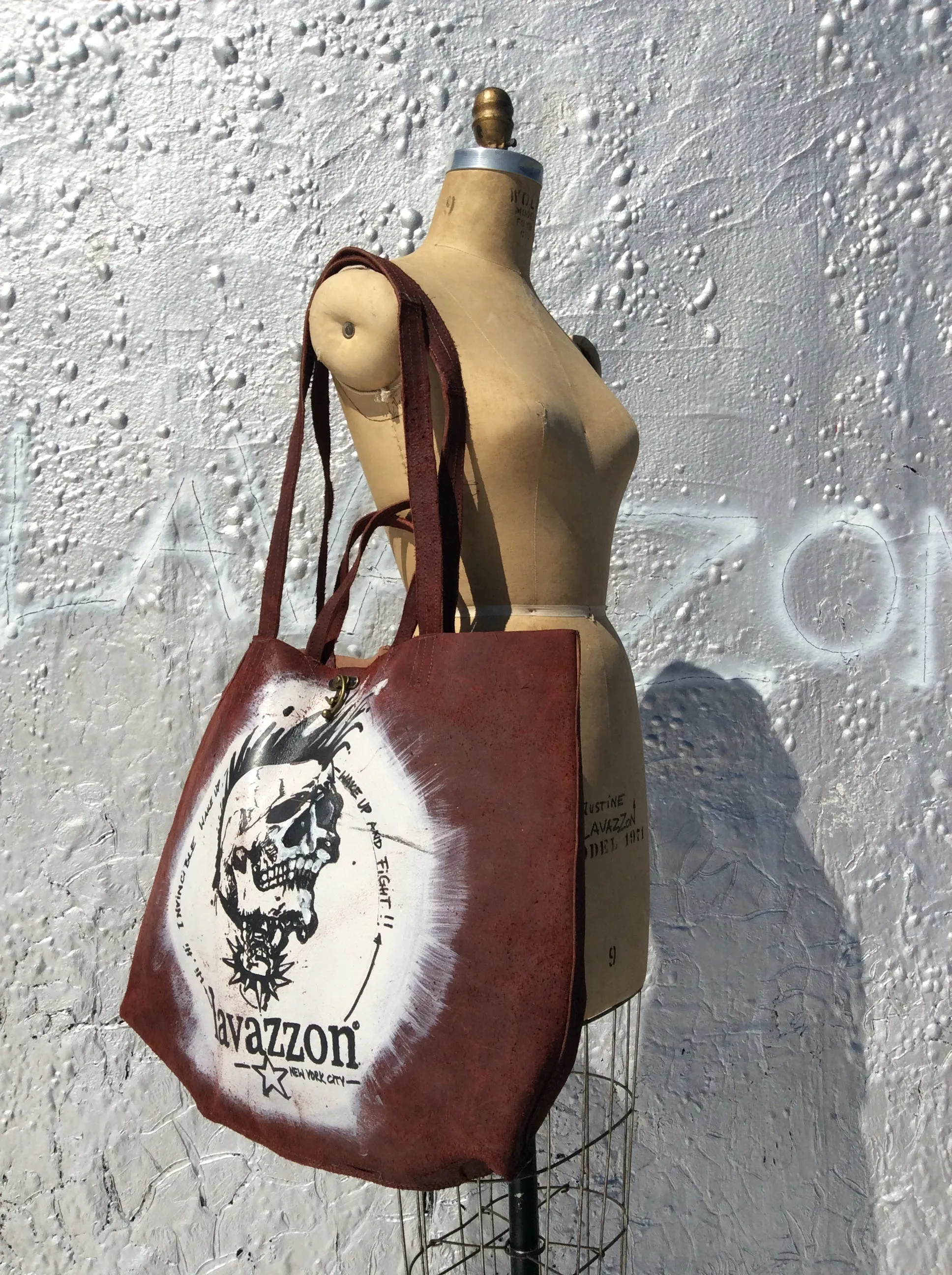 Burgundy Leather Skull tote / Lavazzon tote /weekend bag/ unisex