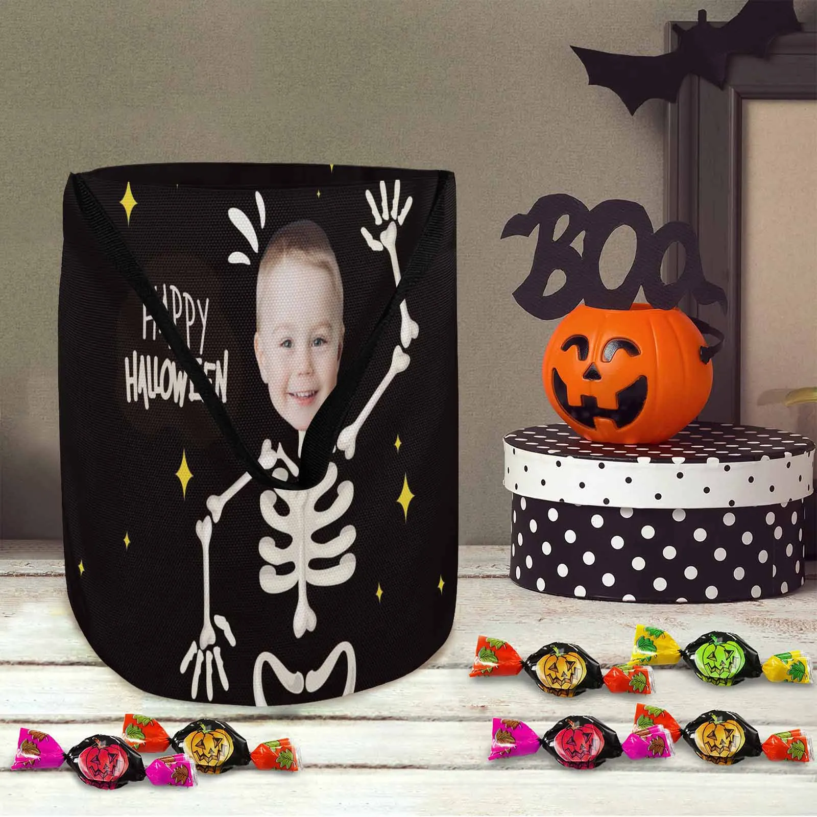 Custom Face Skull Halloween Trick or Treat Colorful Tote Bags (8.26 x 7.87)