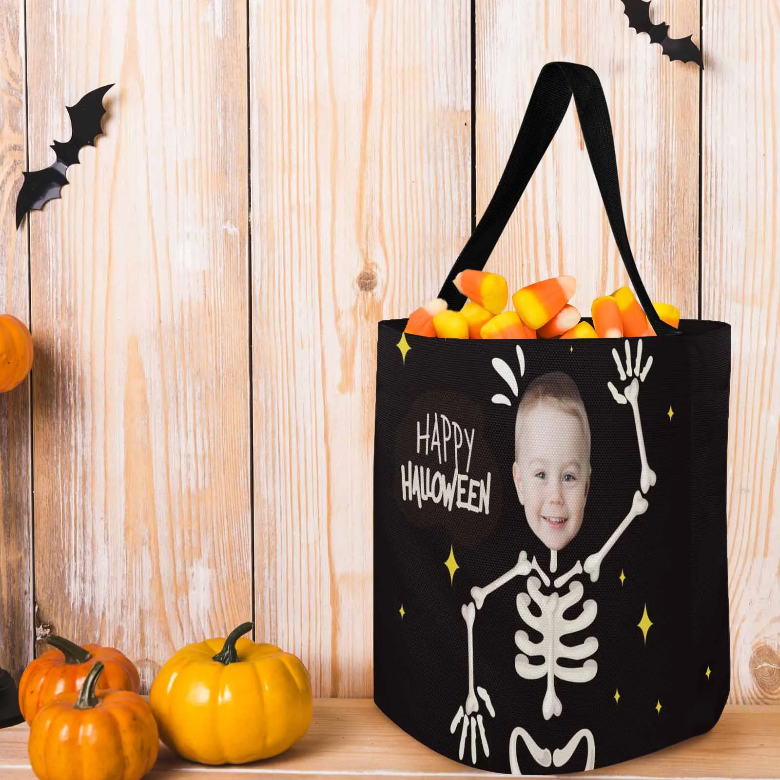 Custom Face Skull Halloween Trick or Treat Colorful Tote Bags (8.26 x 7.87)