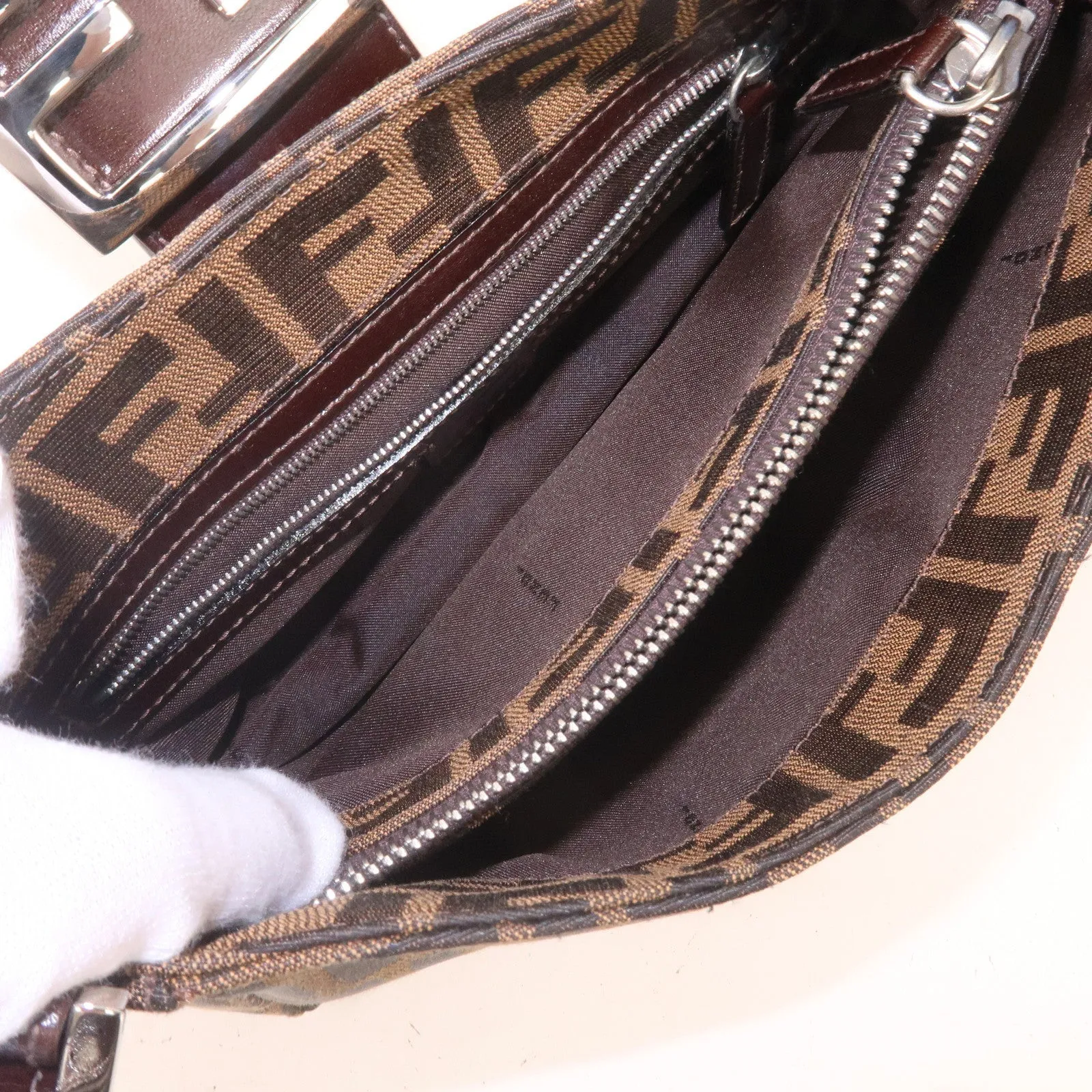 FENDI Zucca Canvas Leather Shoulder Bag Brown Black 16115