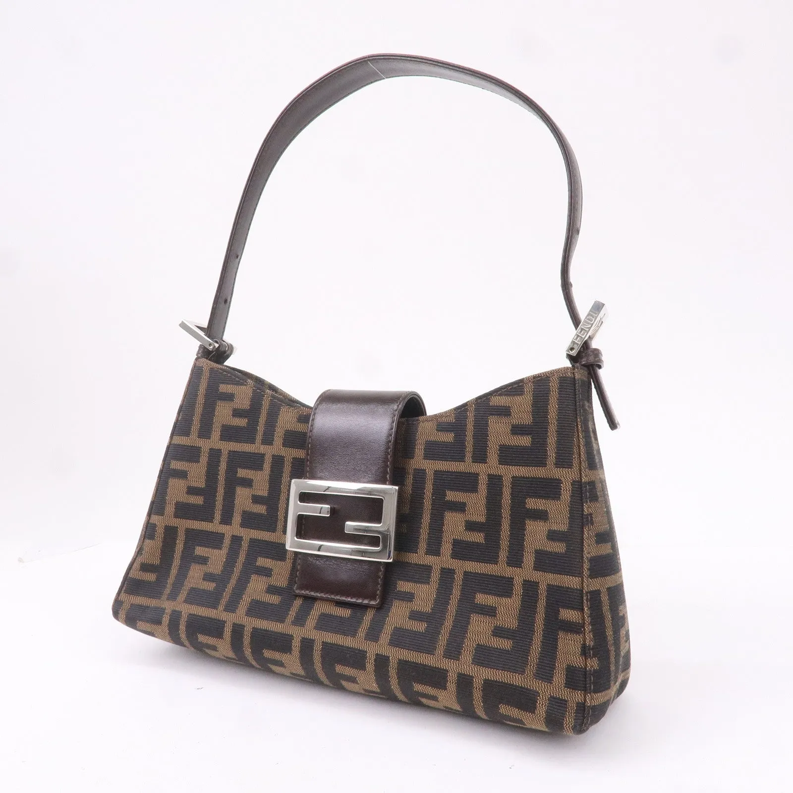 FENDI Zucca Canvas Leather Shoulder Bag Brown Black 16115
