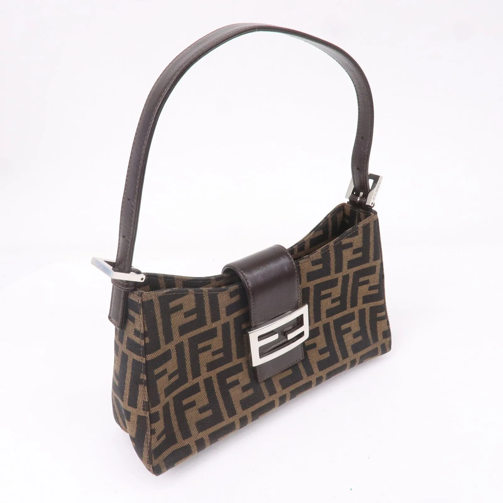 FENDI Zucca Canvas Leather Shoulder Bag Brown Black 16115