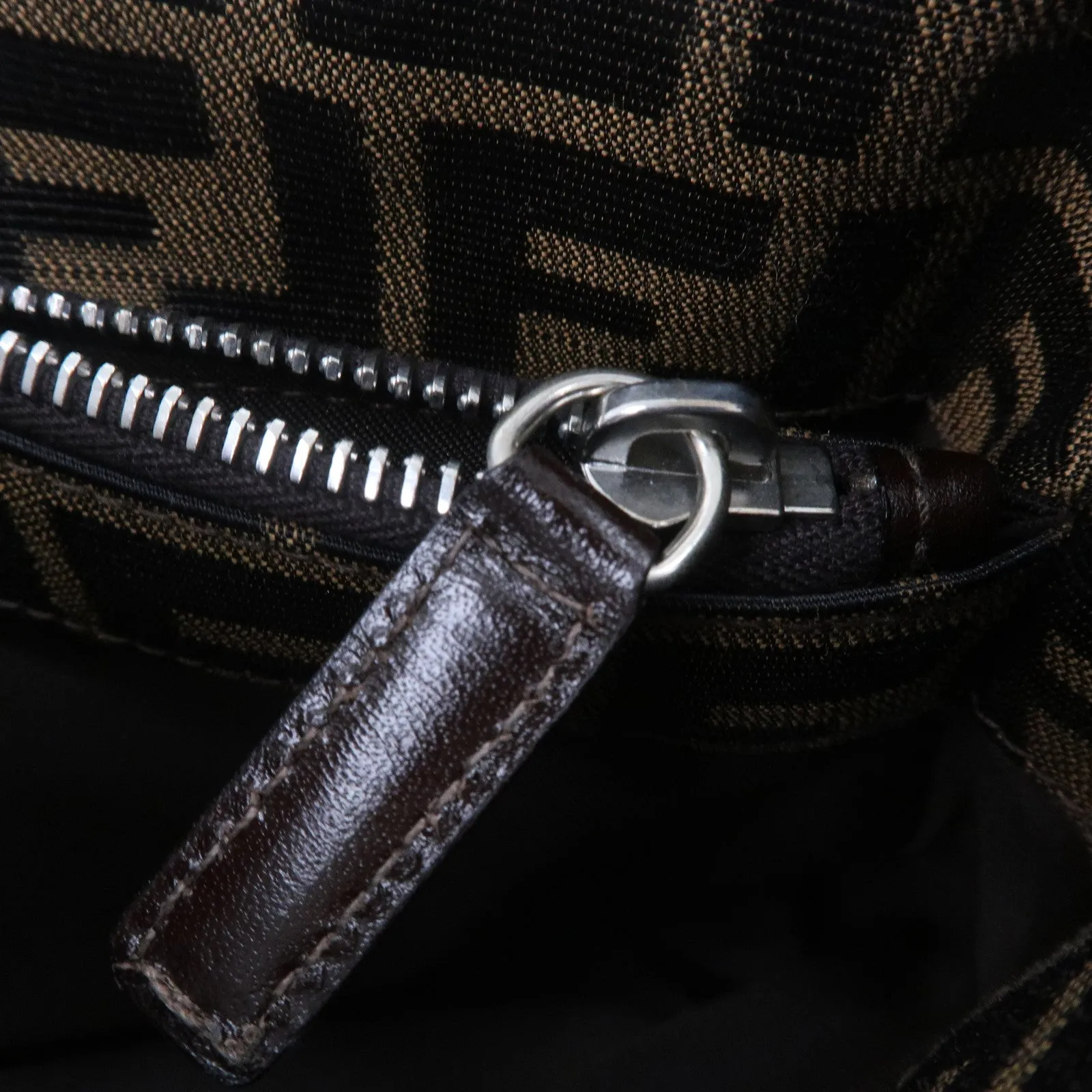 FENDI Zucca Canvas Leather Shoulder Bag Brown Black 16115