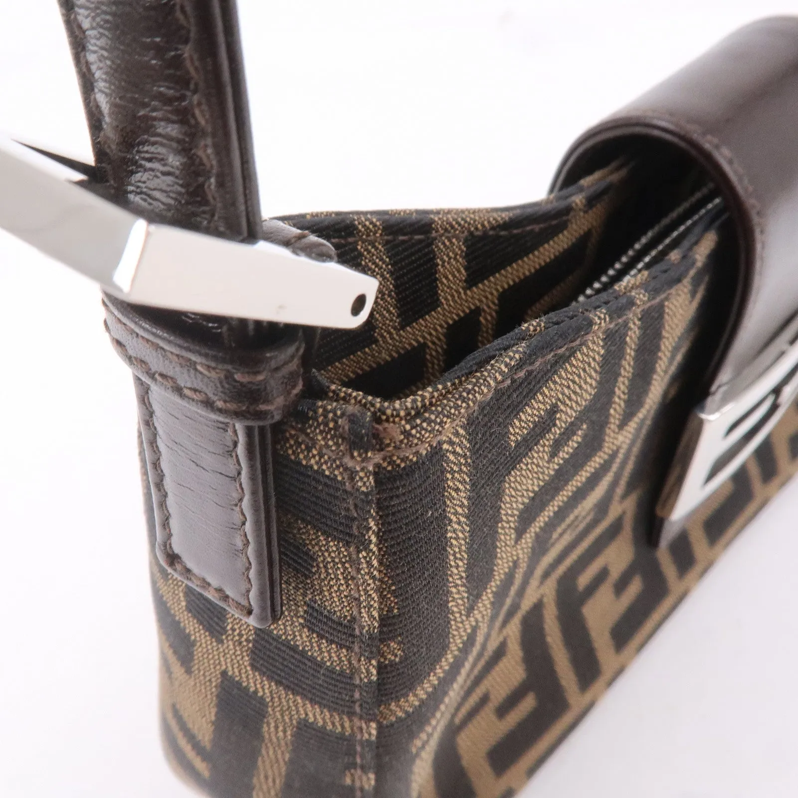 FENDI Zucca Canvas Leather Shoulder Bag Brown Black 16115