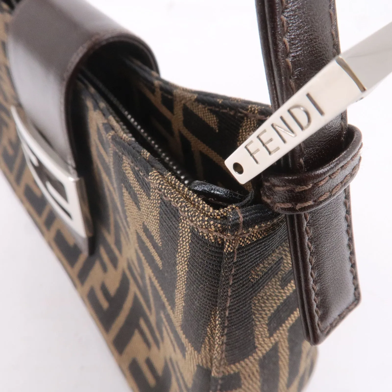 FENDI Zucca Canvas Leather Shoulder Bag Brown Black 16115