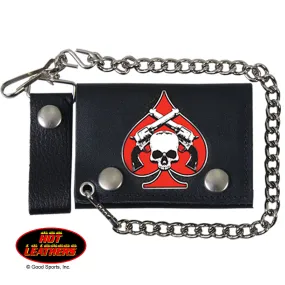 Hot Leathers Spade Skull & Pistols Leather Wallet w/ Chain American Made USA